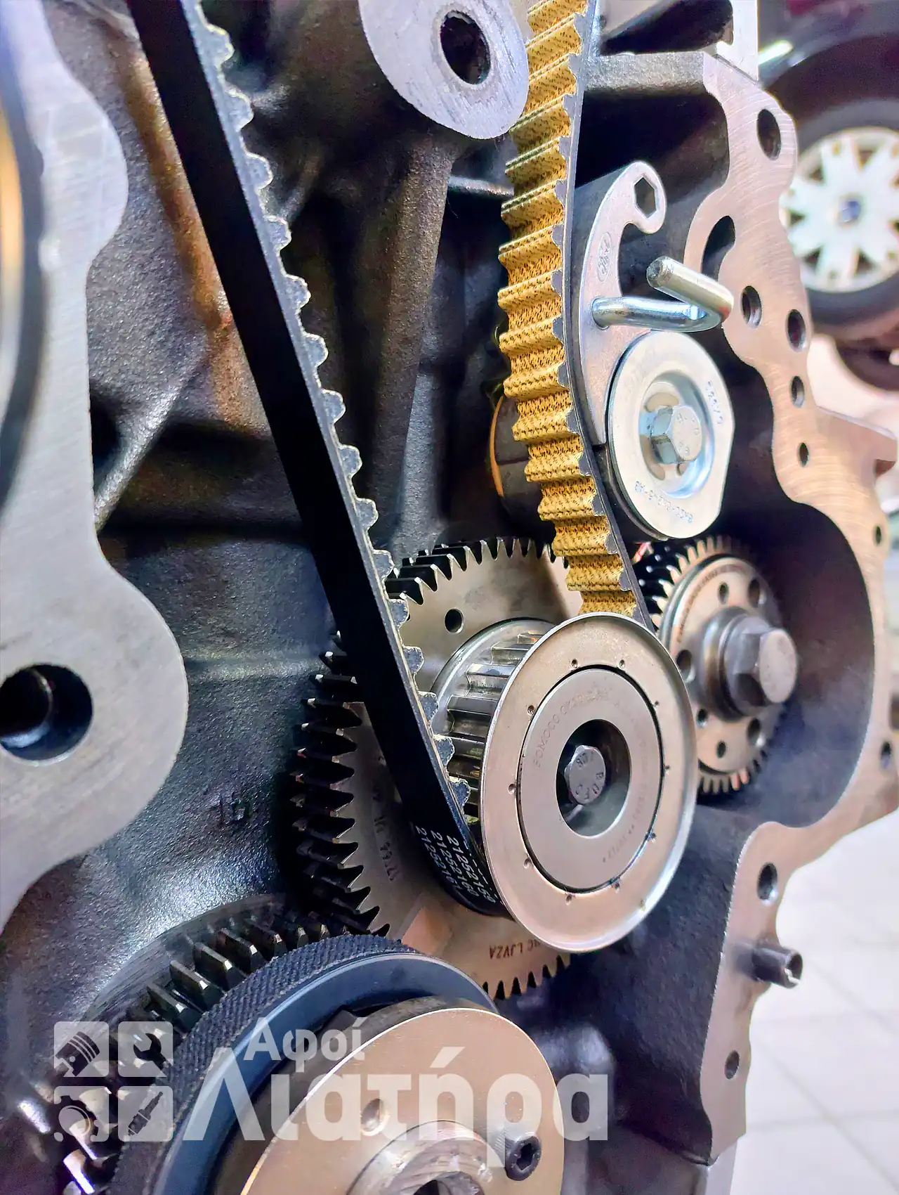 Κοντινό πλάνο ιμάντα χρονισμού σε κινητήρα ford